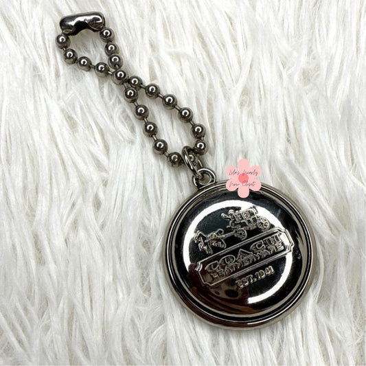 RARE 1.5" Coach Circle Medallion Round Hang Tag Bag Charm Key Fob Silver Metal