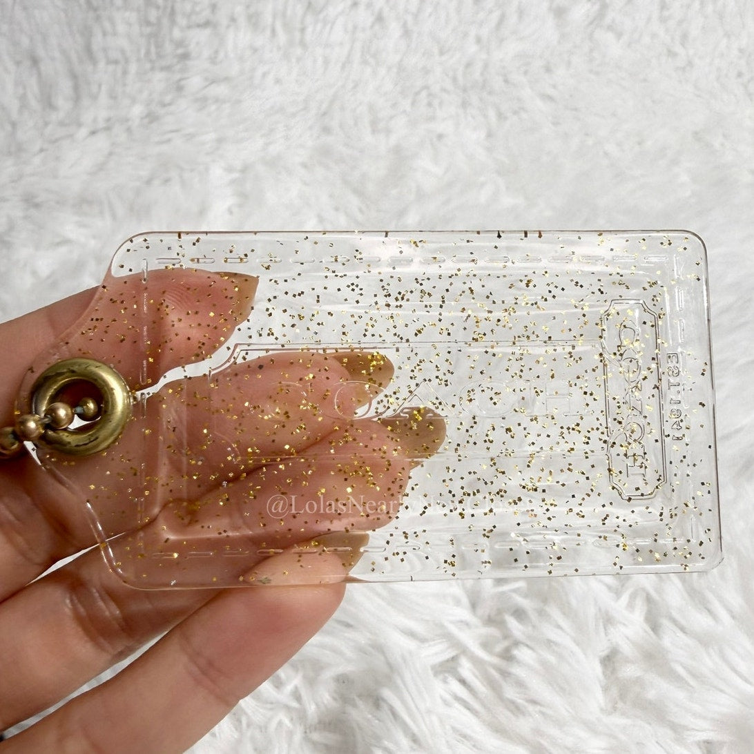 3" COACH Poppy Gold Glitter Clear Fob Bag Charm Hang tag Hangtag