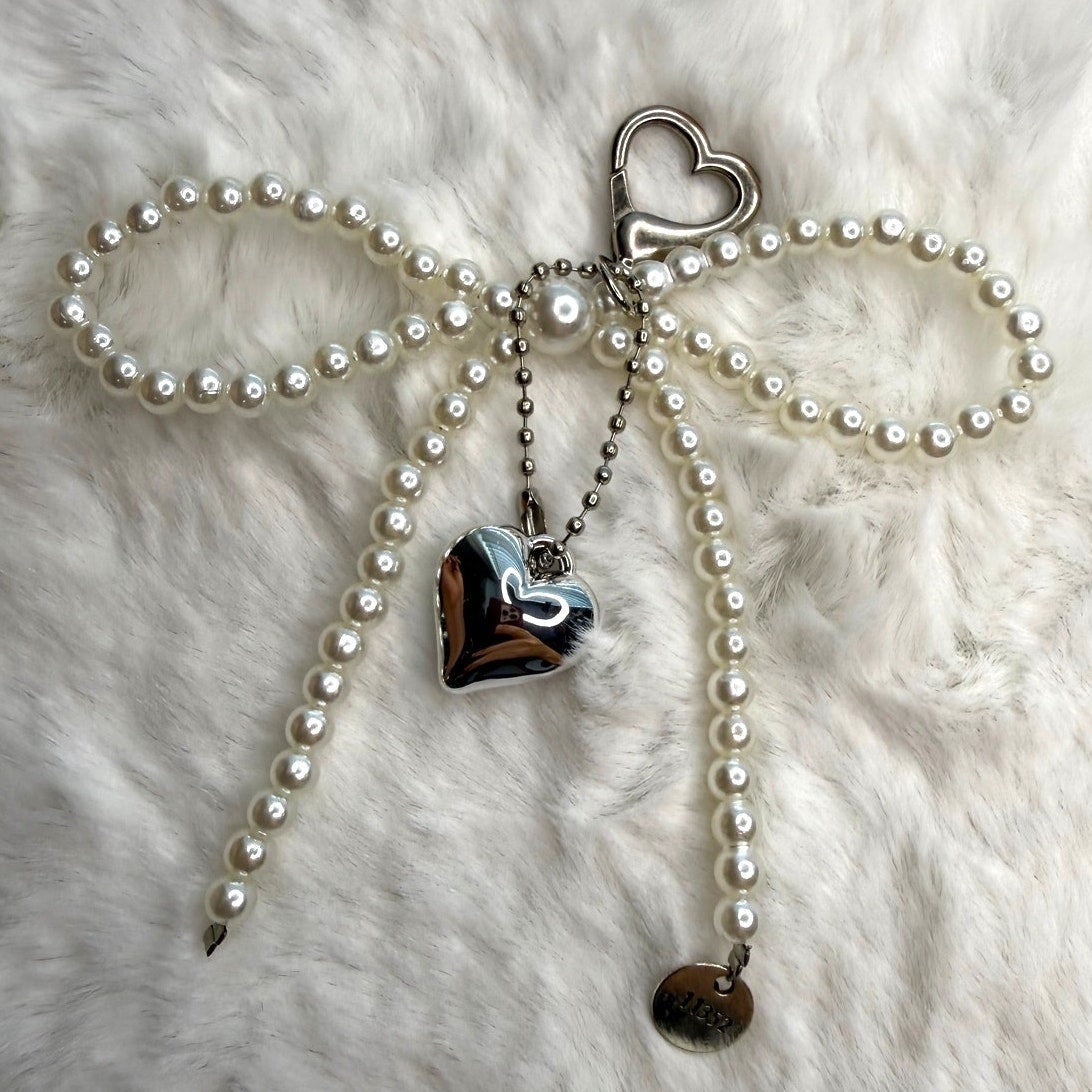 White Bowknot Heart Sweet Charm Pearl Bow Bag Charm Fashion Charm