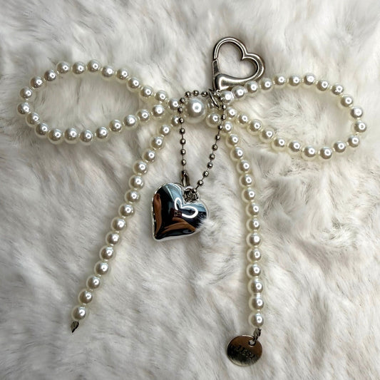 White Bowknot Heart Sweet Charm Pearl Bow Bag Charm Fashion Charm