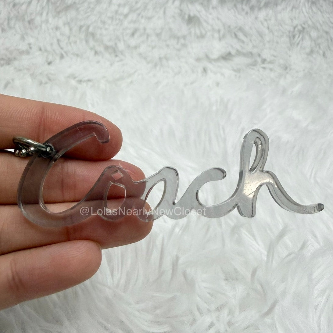 3" COACH Poppy Script Gray Fob Bag Charm Hang tag Hangtag