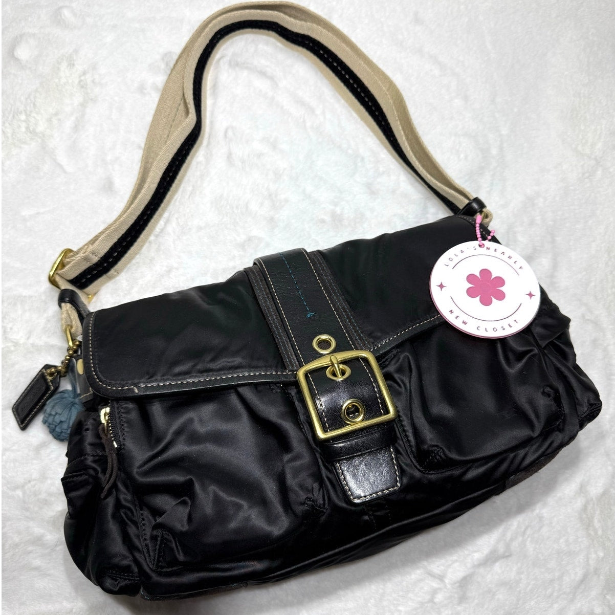 y2k COACH Vintage Buckle Black Sateen Nylon Shoulder Hand bag