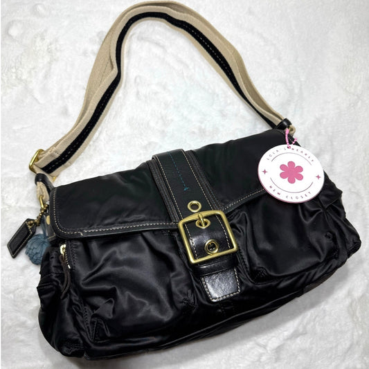 y2k COACH Vintage Buckle Black Sateen Nylon Shoulder Hand bag