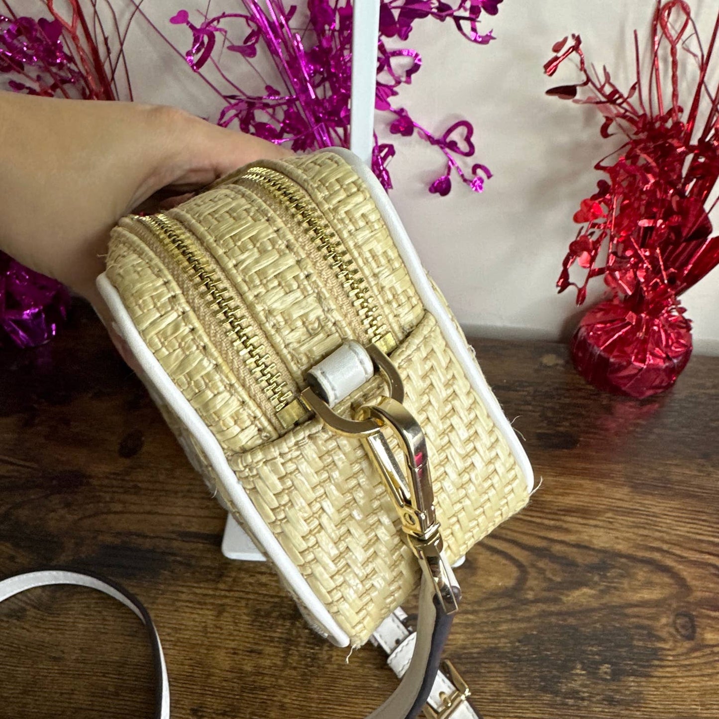 MICHAEL KORS Kenly Double Zip Natural Straw Small Camera Crossbody