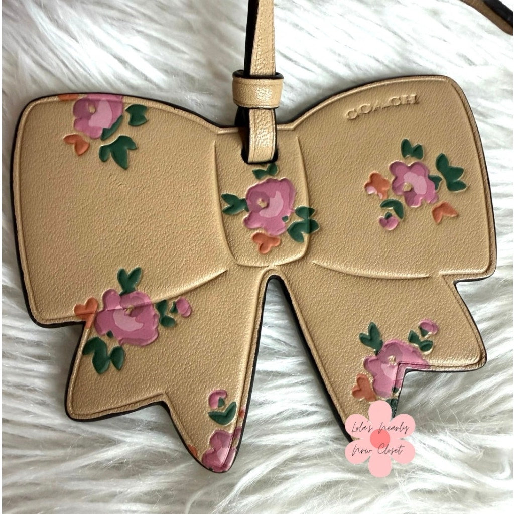 Coach Bow Floral Printed Tan Leather Bag Charm Fob