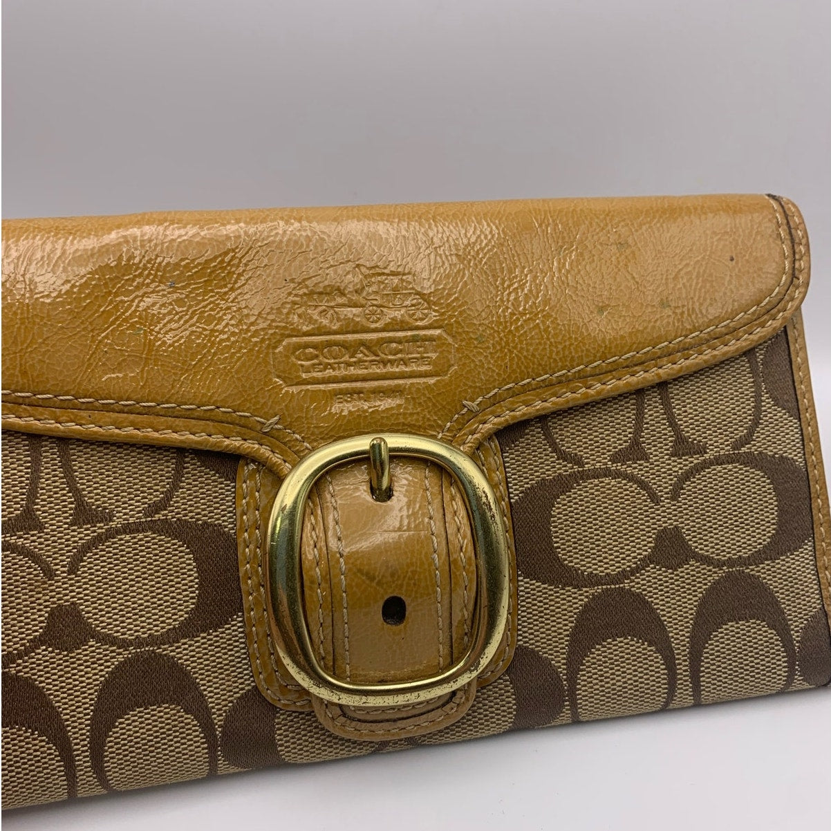 COACH Brown and Tan Signature Canvas Patent Leather Wallet