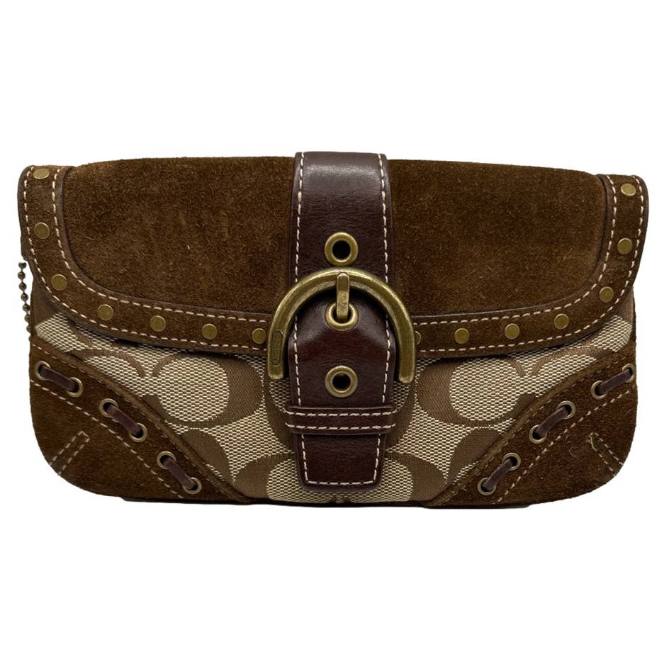 COACH Soho Suede Signature Canvas Buckle Studded Flap Pouch