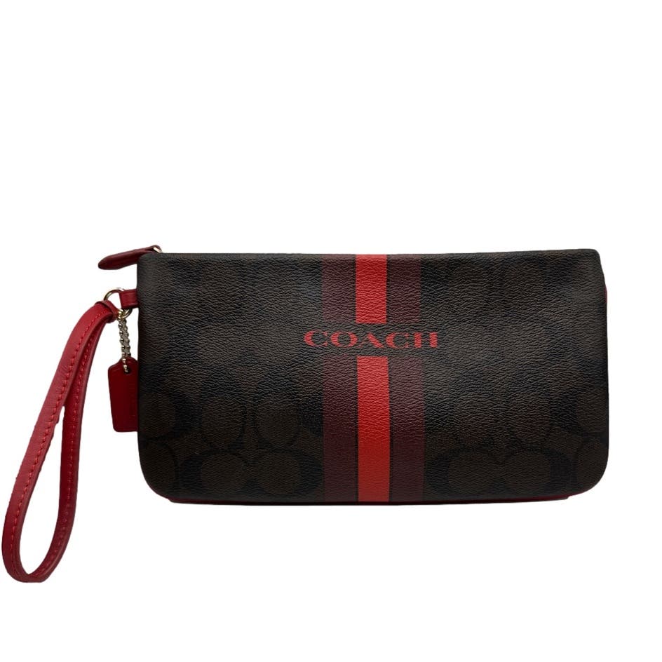 COACH Brown and Red Coated Canvas Wristlet with cardholder