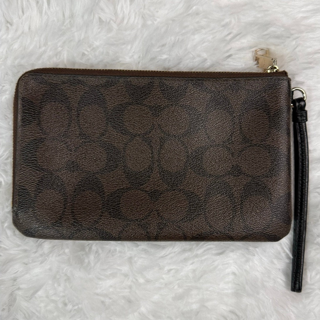 COACH Brown Signature Coated Canvas Double Zipper Wristlet