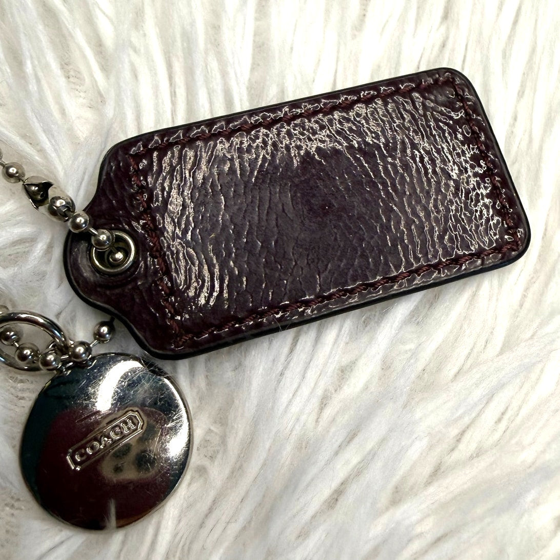 2” COACH Set Patent Leather Brown and Metal Fob Bag Charm Hang tag Hangtag