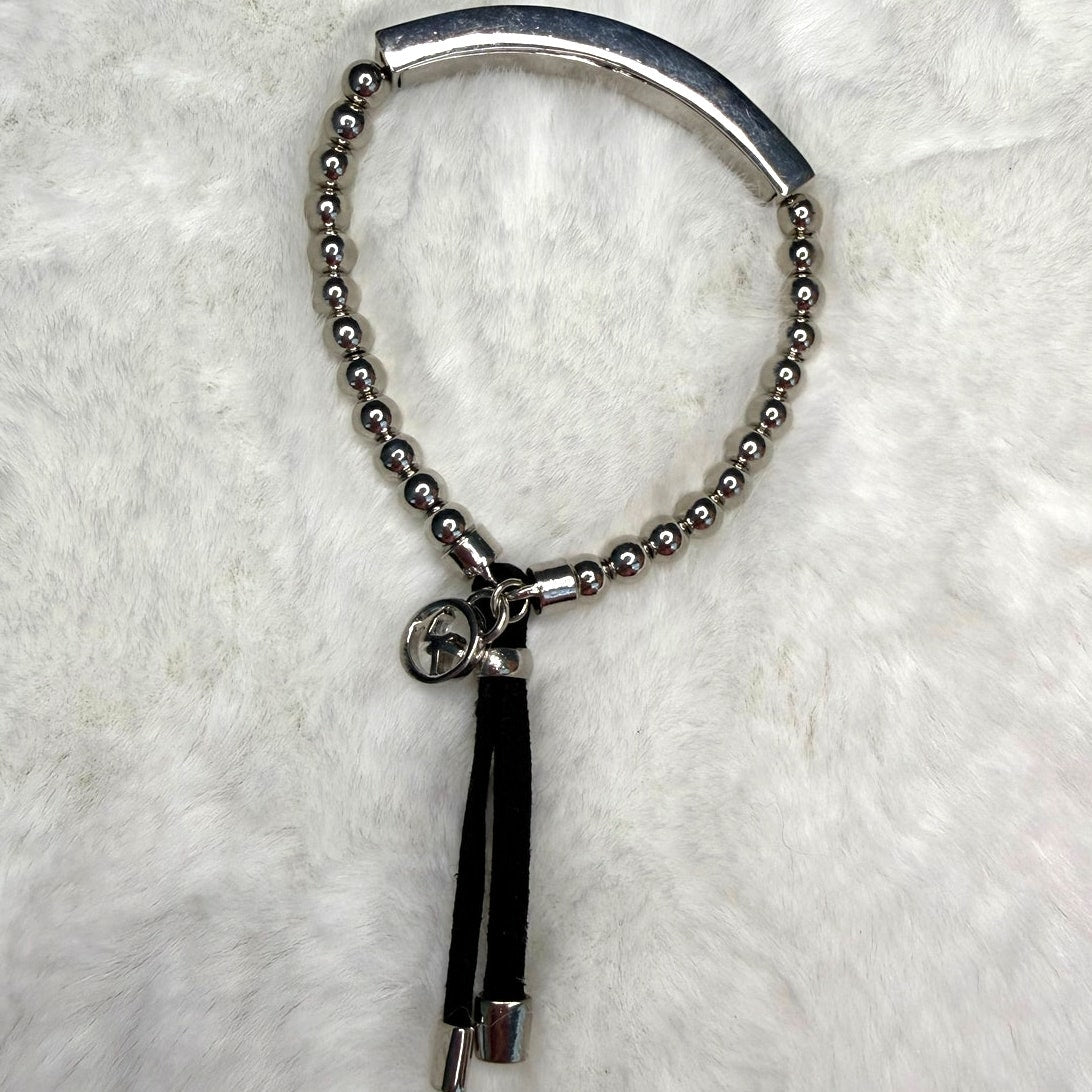 Michael Kors Silver Black Beaded Tag Bracelet