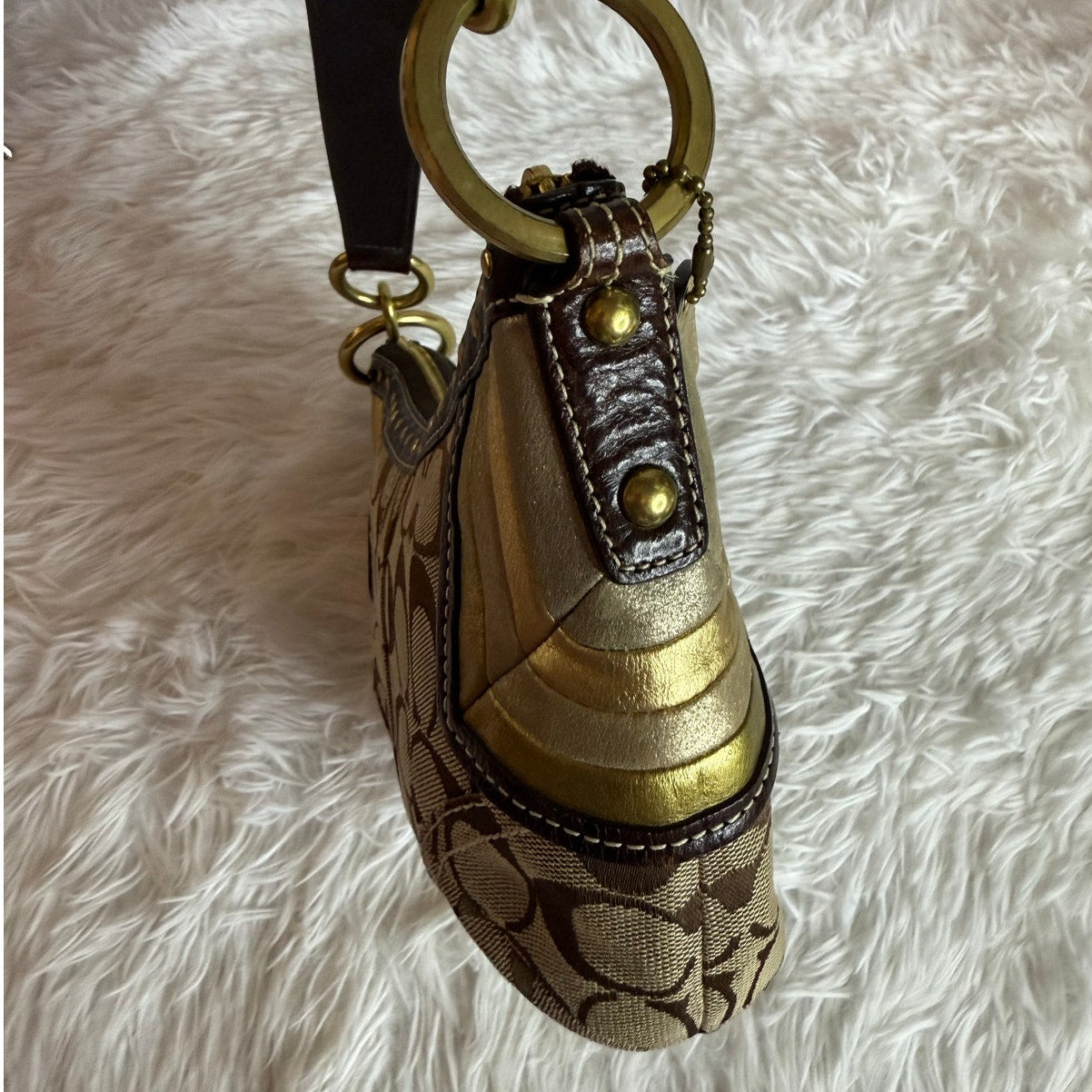 y2k Coach Vintage Brown Stud Gold Hobo Mini Purse Shoulder Bag