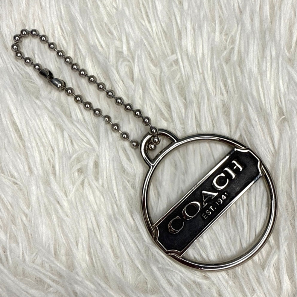 1.5" COACH Round Script Silver Black Nickel Metal Fob Bag Charm Hang tag Hangtag