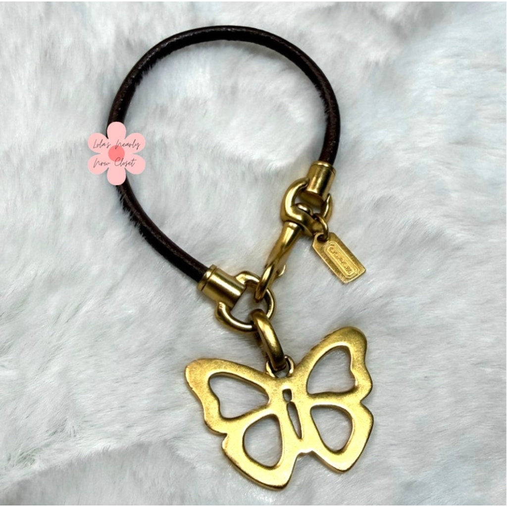 y2k COACH Vintage Brown Leather Gold Tone Hook Clip with Butterfly Bracelet
