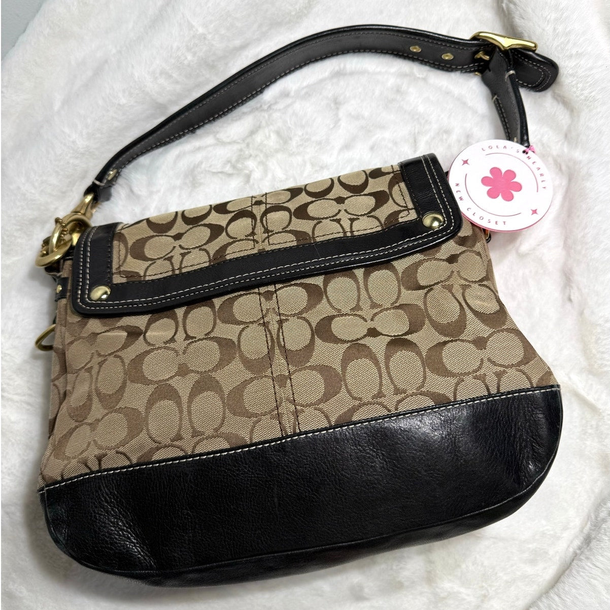 y2k COACH Vintage Black Brown Khaki Signature Legacy Flip Turnlock