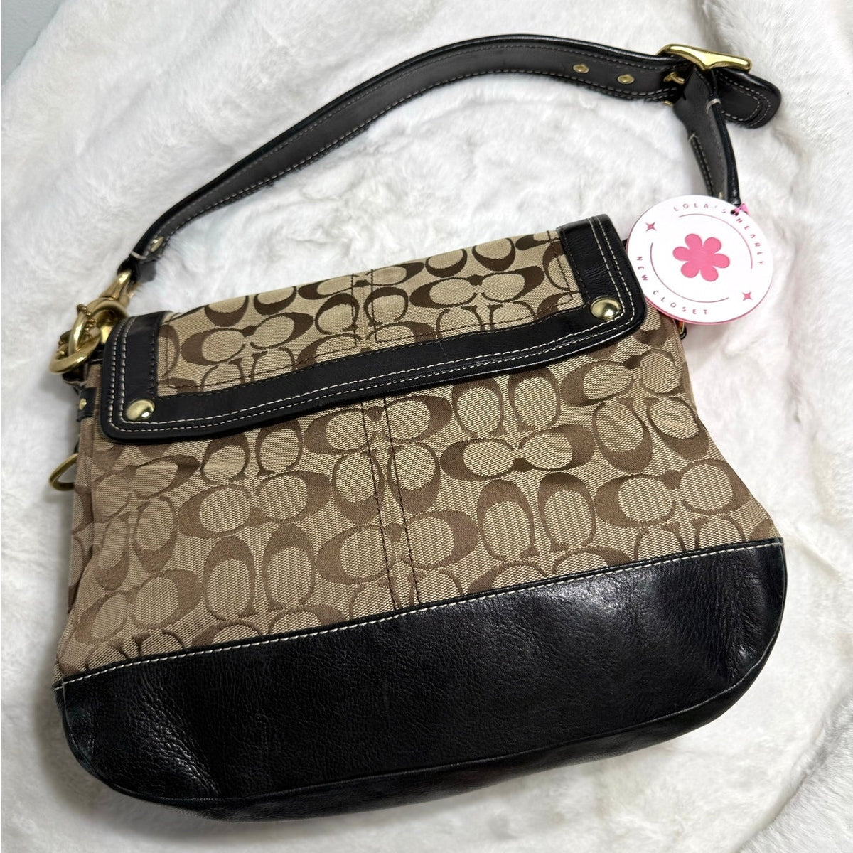 y2k COACH Vintage Black Brown Khaki Signature Legacy Flip Turnlock