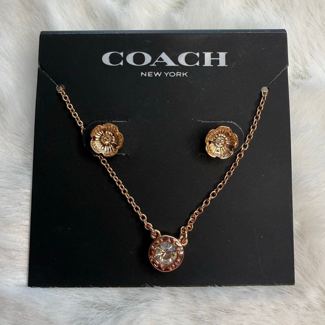 NWT COACH Signature Rose Gold Tone Floral Earrings Studs and Necklace Set