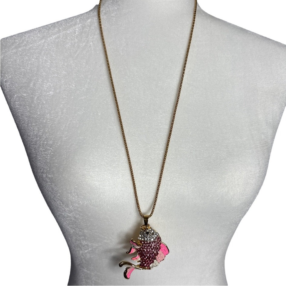 BETSEY JOHNSON Pink Rhinestone Lovely Carp Fish Pendant Chain Necklace