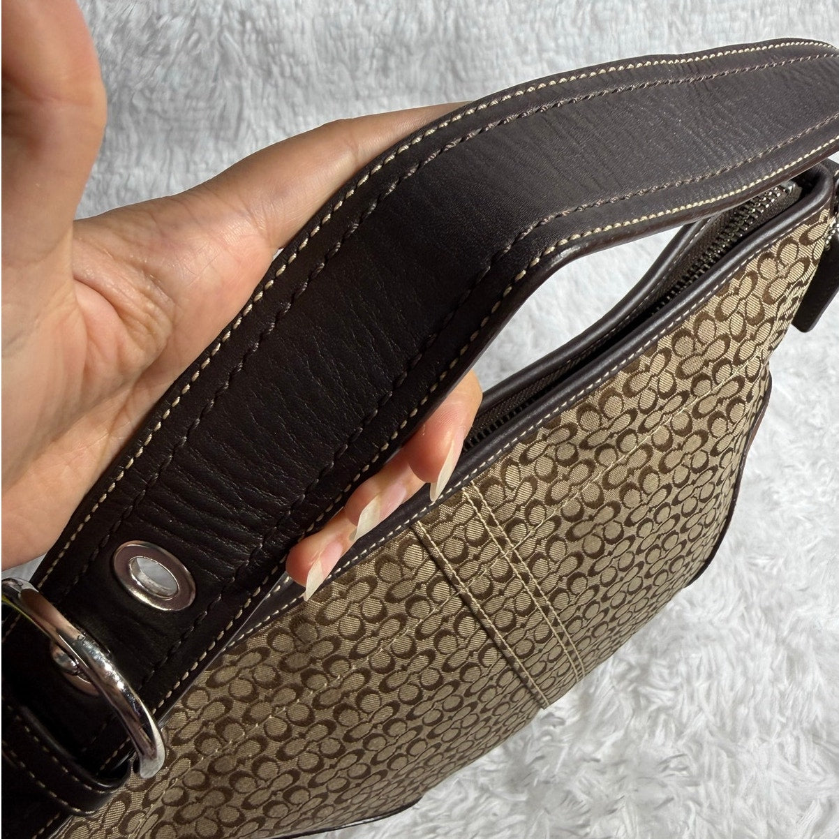 y2k COACH Brown Jacquard Canvas Suede Hobo Shoulder Bag