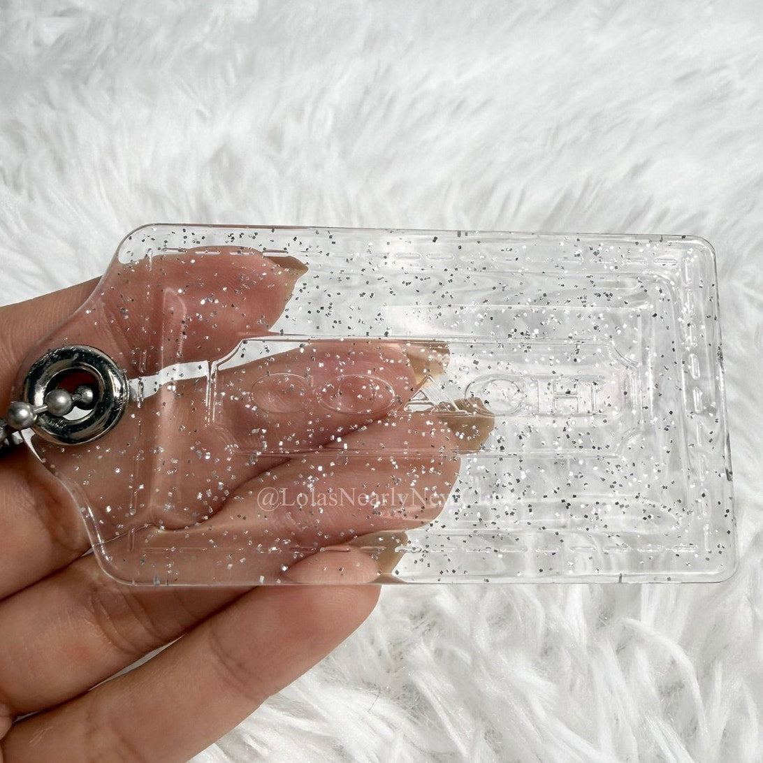 3" COACH Glitter Silver Poppy Fob Bag Charm Hang tag Hangtag