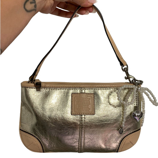 y2k COACH Silver Metallic Tan Wristlet Mini Purse