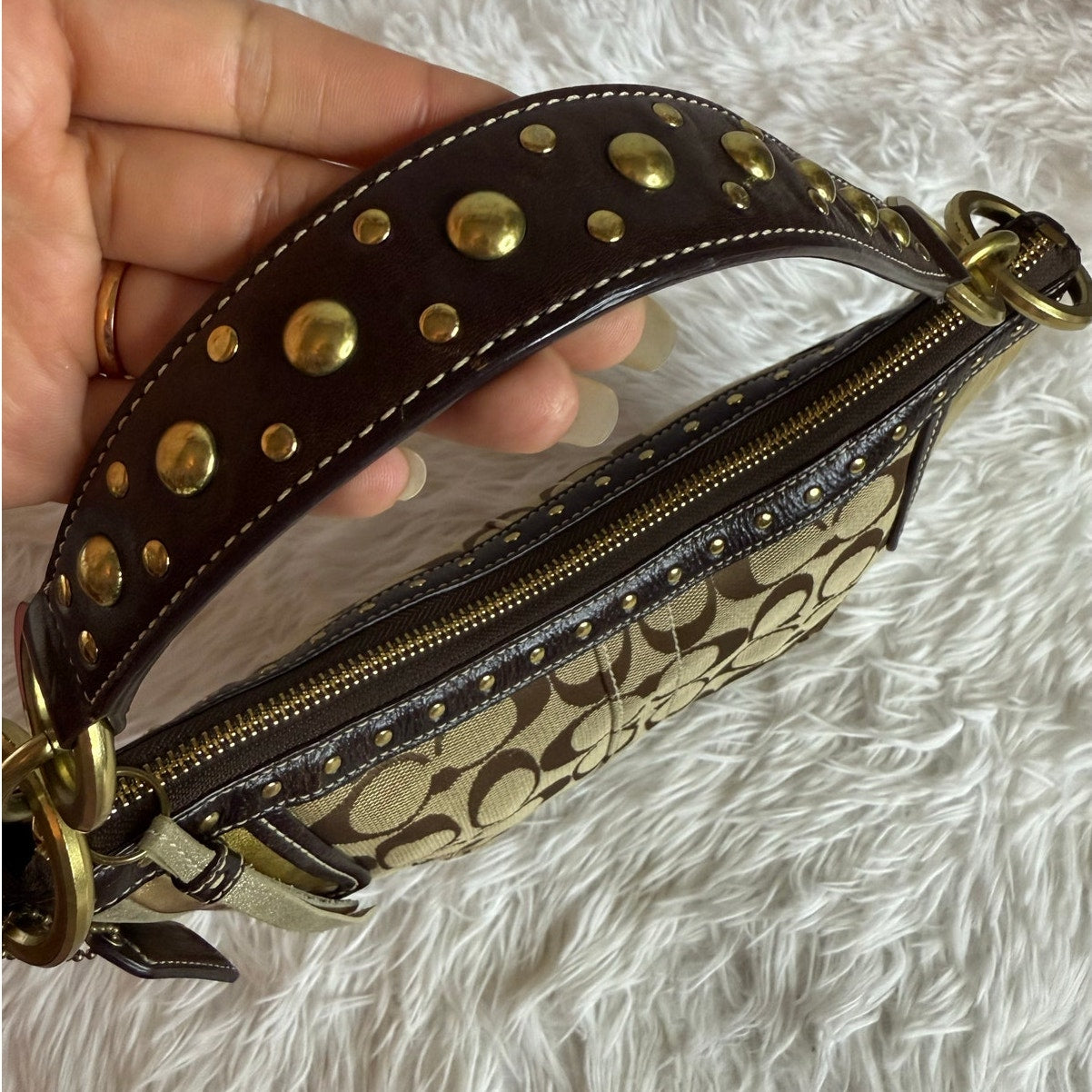 y2k Coach Vintage Brown Stud Gold Hobo Mini Purse Shoulder Bag