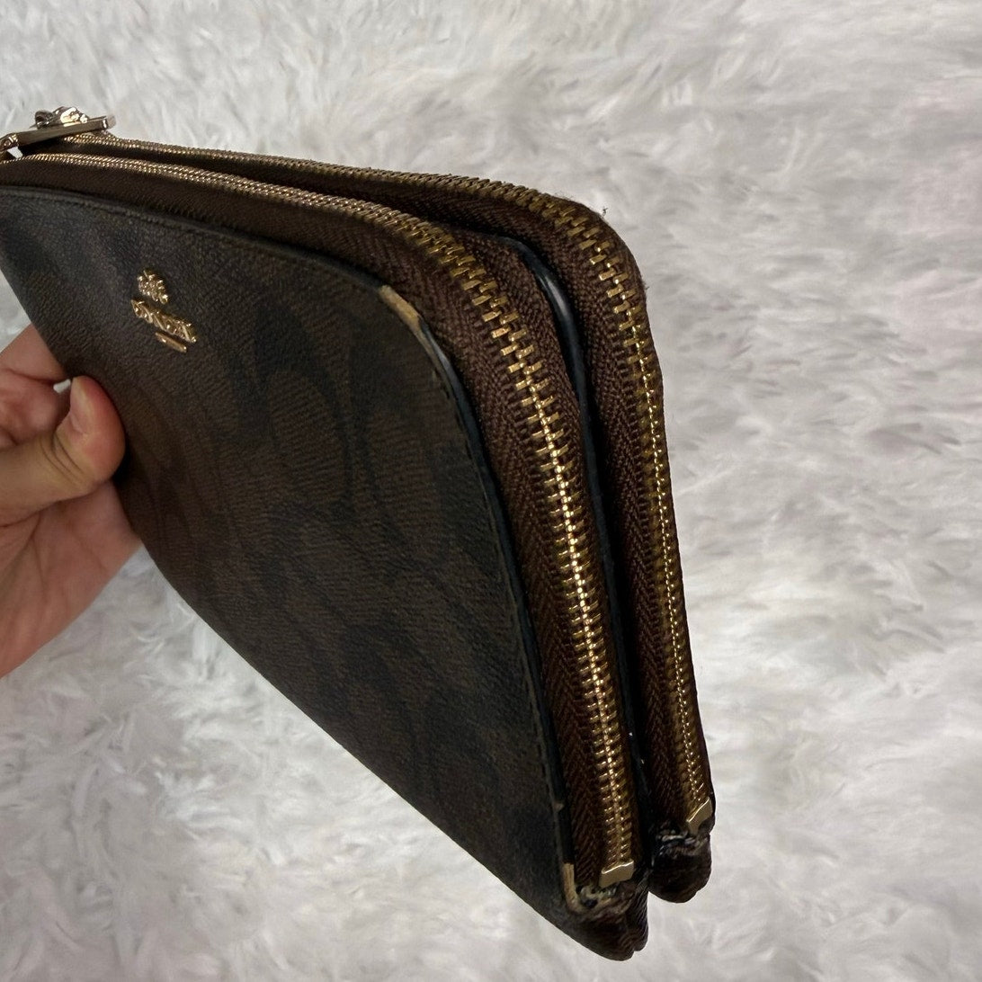 COACH Brown Signature Coated Canvas Double Zipper Wristlet
