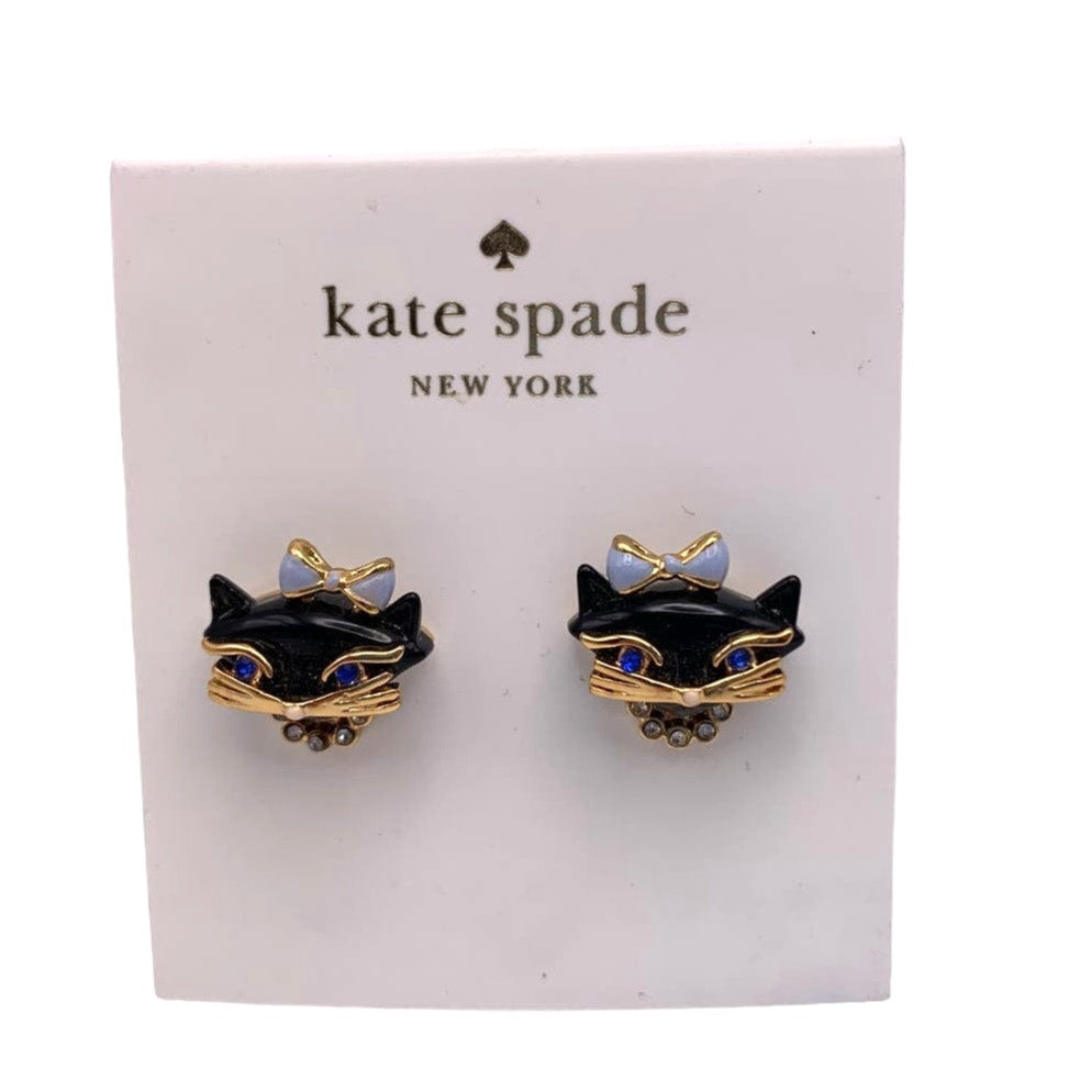 NWT Kate Spade New York Gold-tone Crystal and enamel Black Cat Stud Earrings