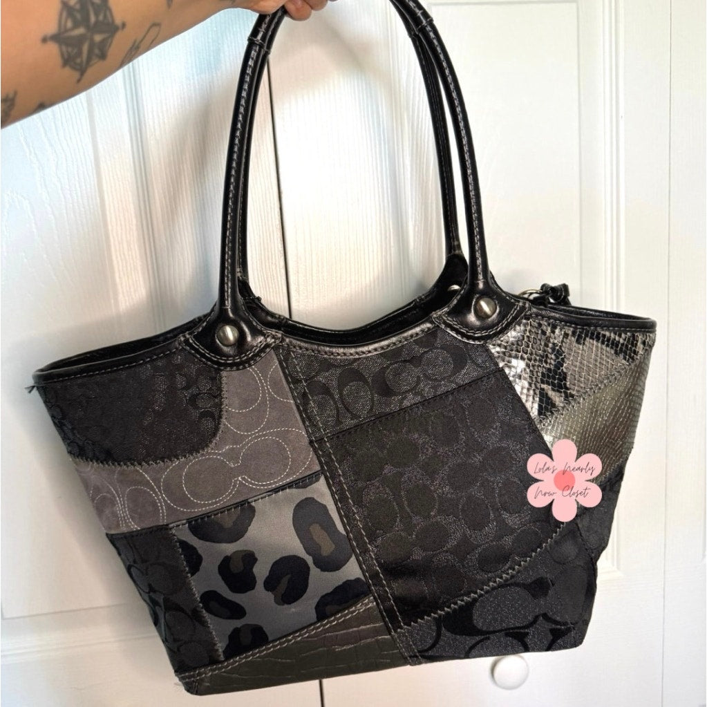 y2k Coach Patchwork Tote Shoulder Handbag Purse Grey Silver Black 12899