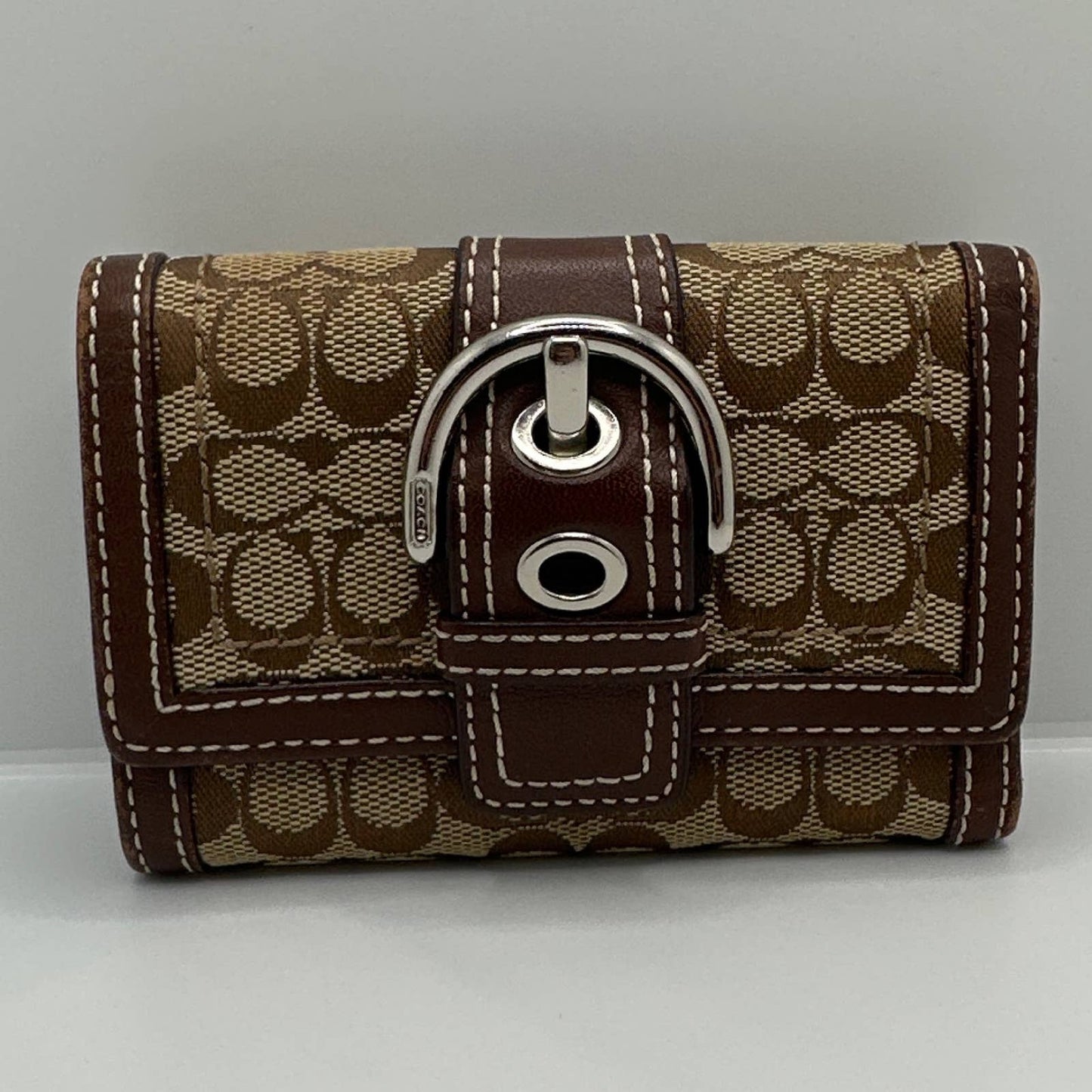 COACH Brown Signature Canvas Trifold Wallet