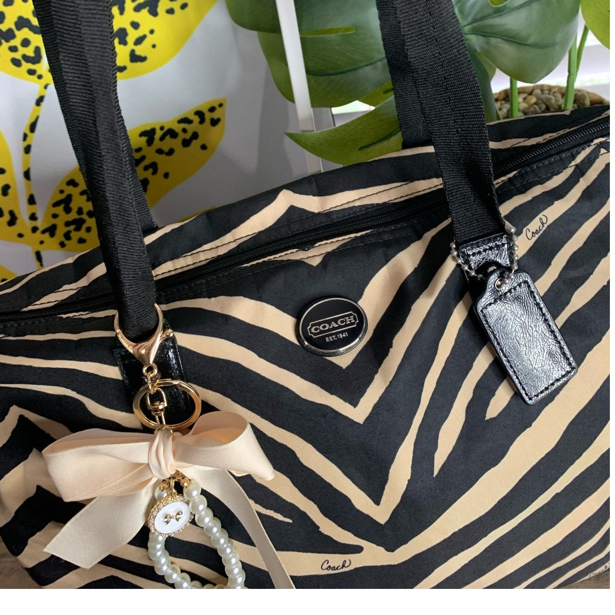 Coach y2k Devin Black Tan Zebra Print Nylon Overnight Tote Pouch