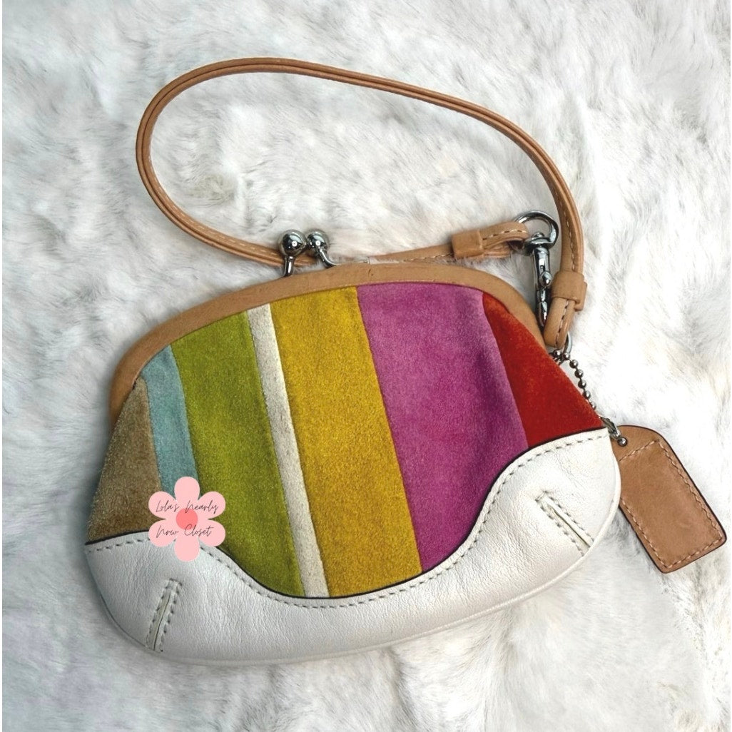 y2k Coach Vintage Striped Kisslock Suede & Leather Wristlet