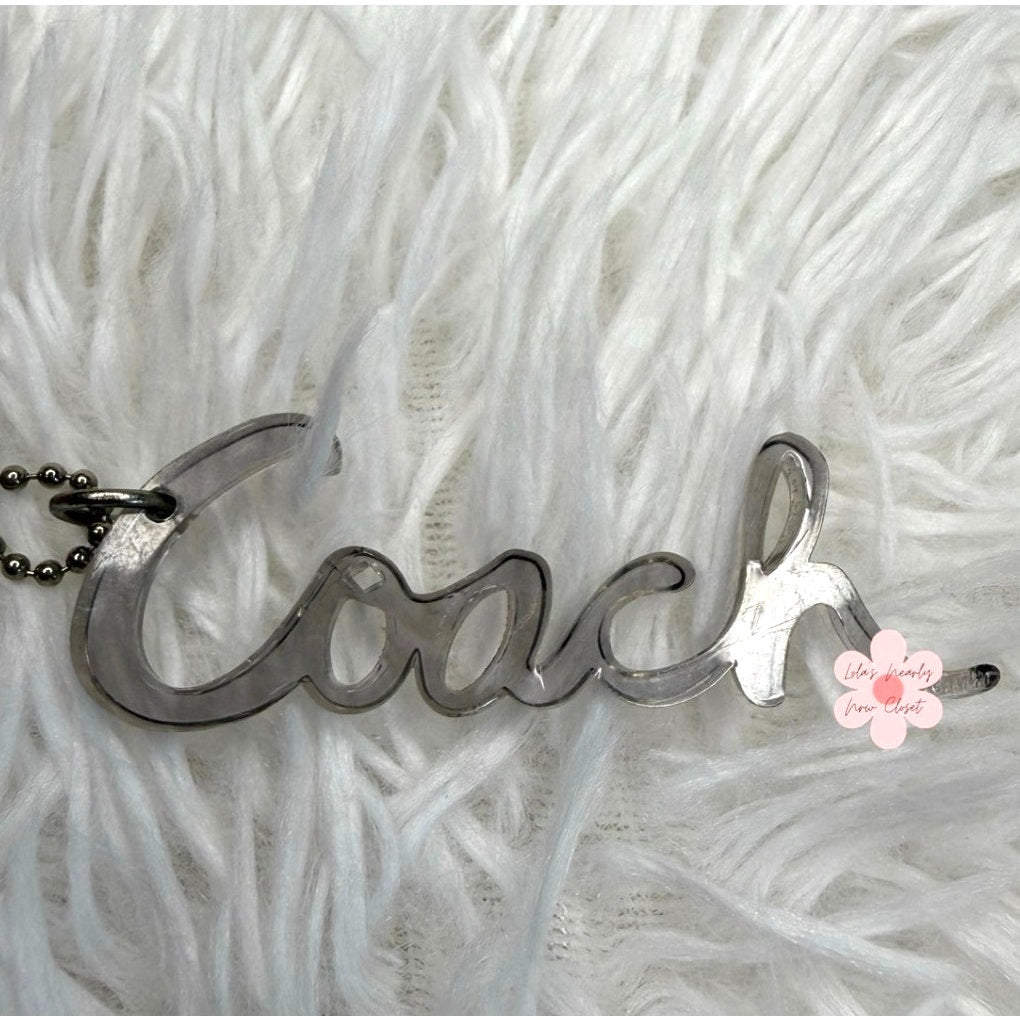 3” COACH Poppy Clear Gray Script Fob Bag Charm Hang tag Hangtag
