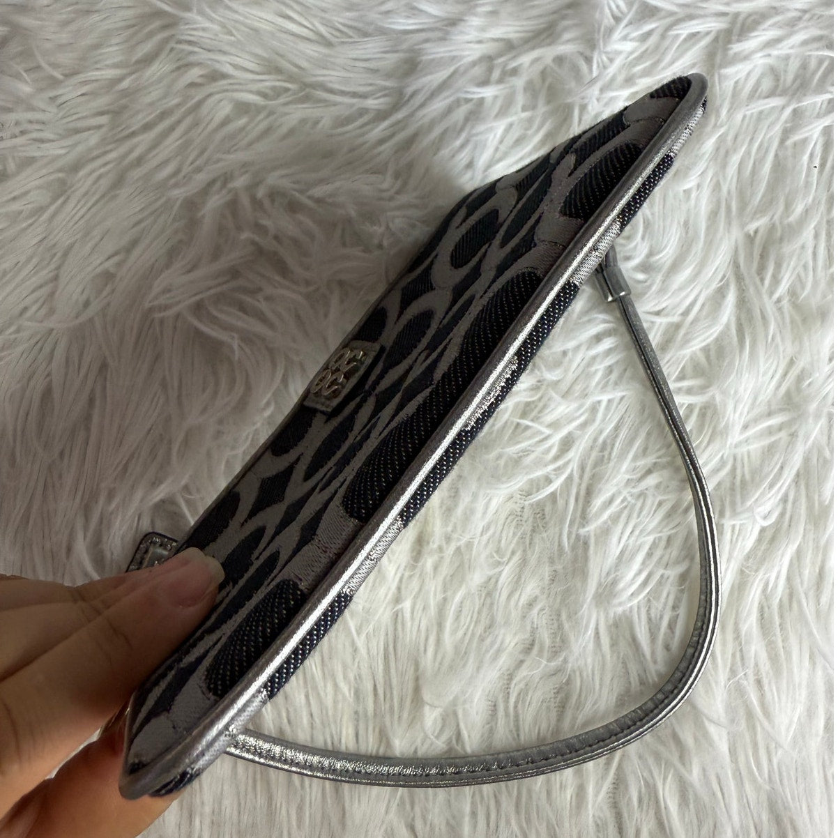 COACH Silver Gray Black Signature Canvas Wristlet