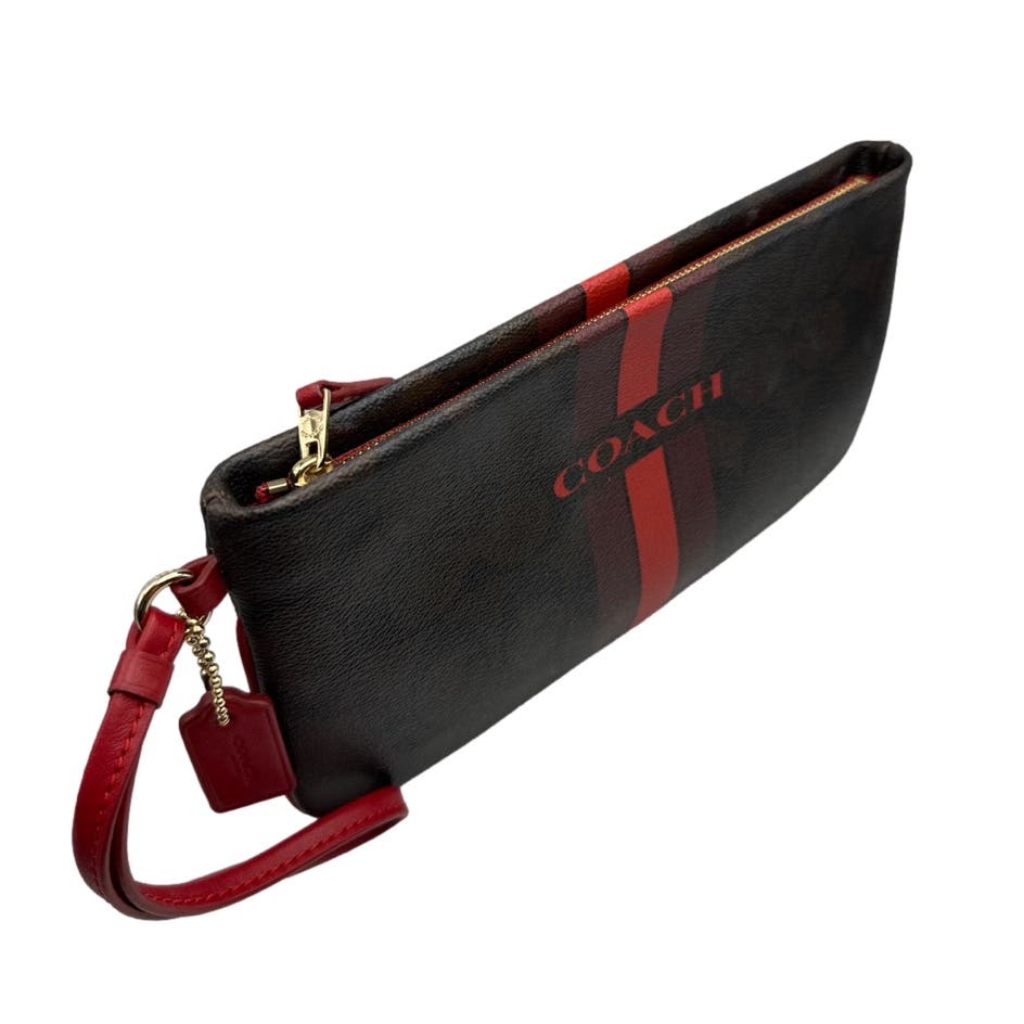 COACH Brown and Red Coated Canvas Wristlet with cardholder