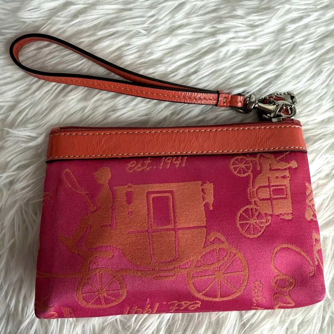 COACH Orange Pink Horse Carriage Canvas Wristlet