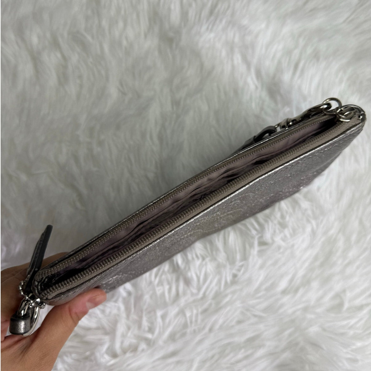 COACH Y2k Metallic Silver Long Double Zipper Wristlet