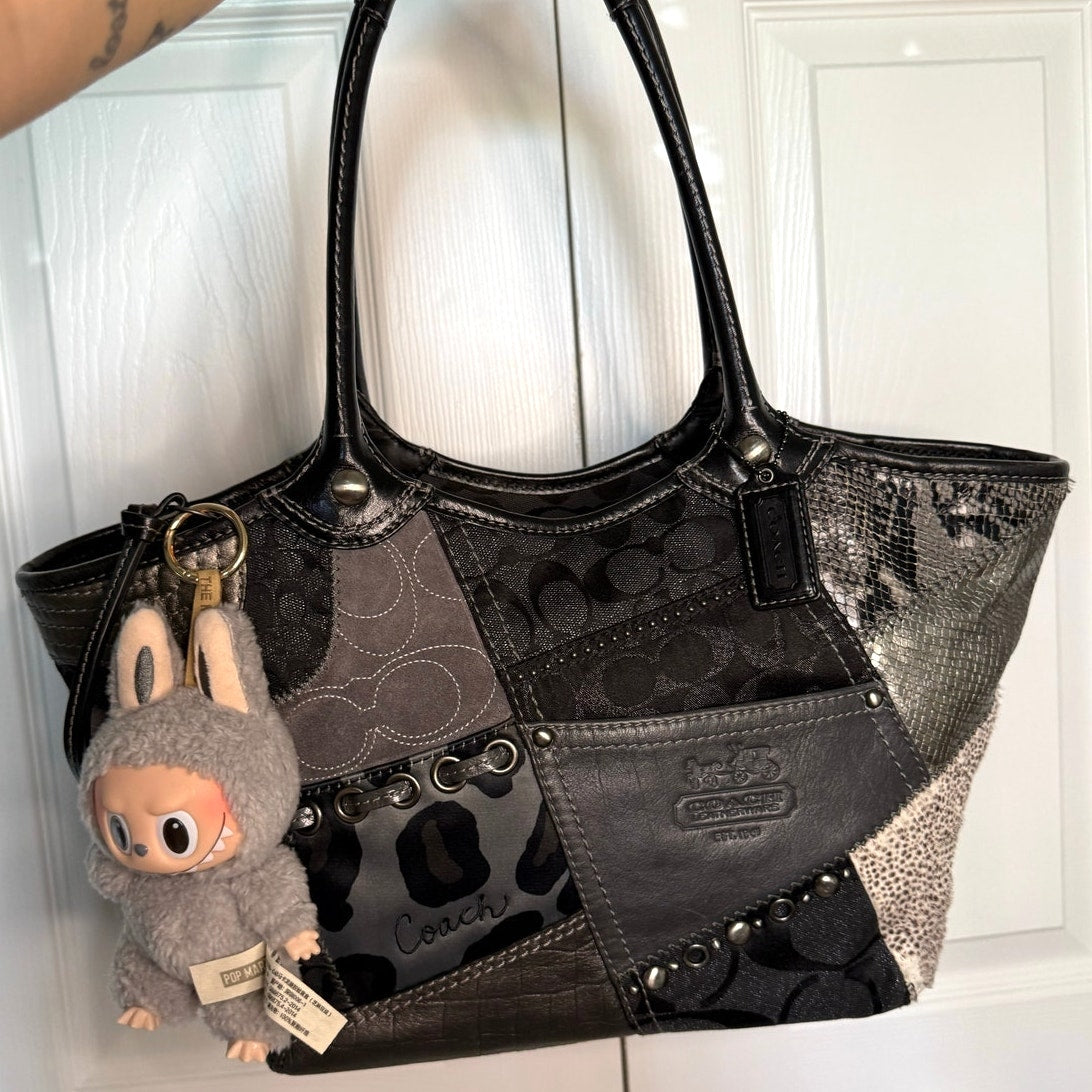 y2k Coach Patchwork Tote Shoulder Handbag Purse Grey Silver Black 12899