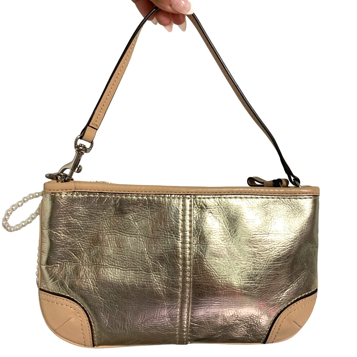 y2k COACH Silver Metallic Tan Wristlet Mini Purse