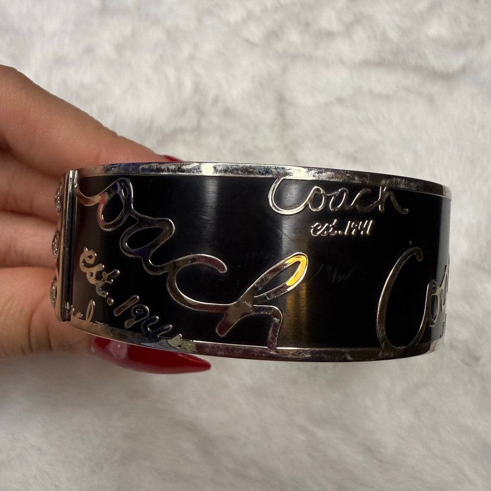 Coach Black Silver Cursive Logo Enamel Metal Studded Bangle Bracelet