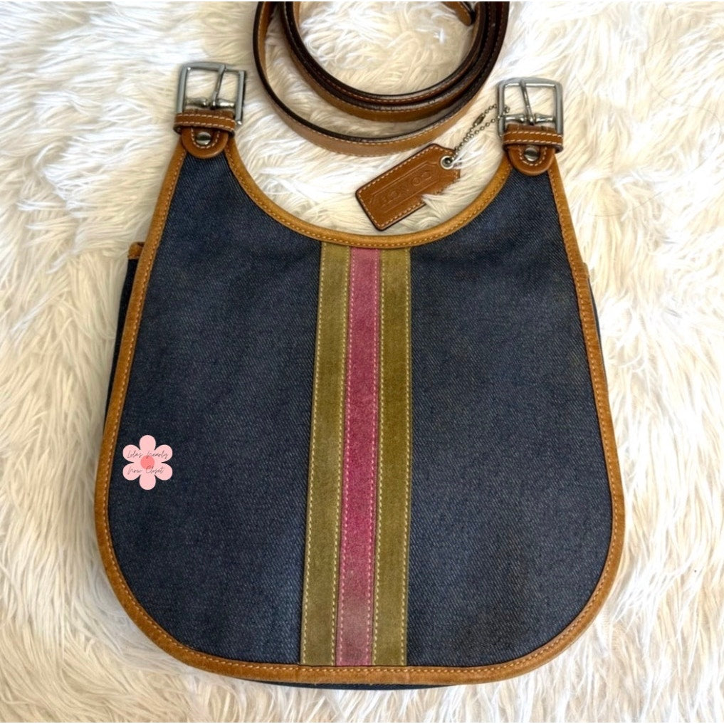 RARE y2k COACH Vintage Denim Suede Striped Crossbody  Shoulder Bag