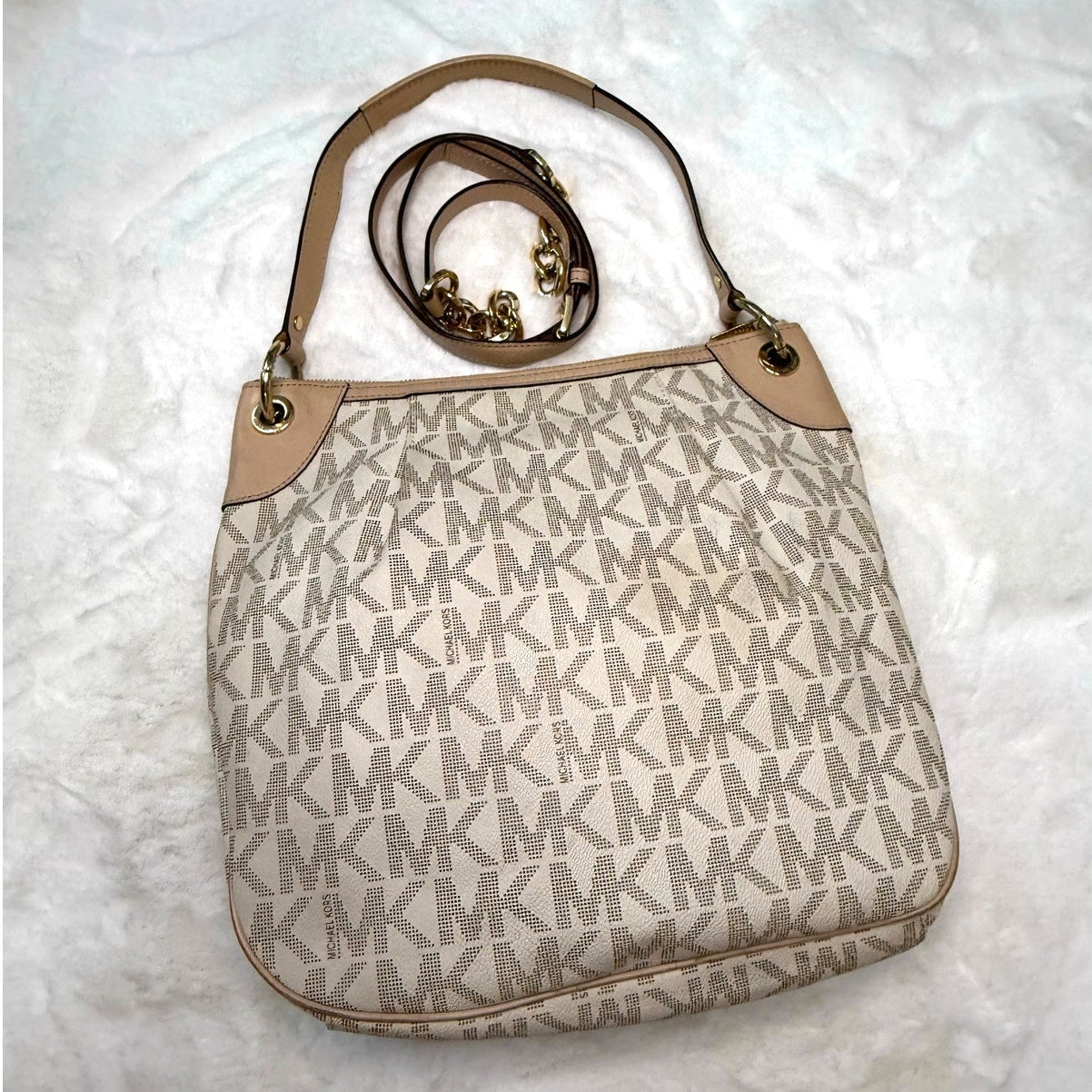 SALE Michael Kors Shoulder Bag Jet Set Monogram White Tan Signature Crossbody
