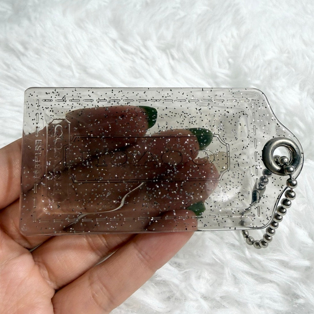 3" COACH Poppy Gray Glitter Fob Bag Charm Hang tag Hangtag