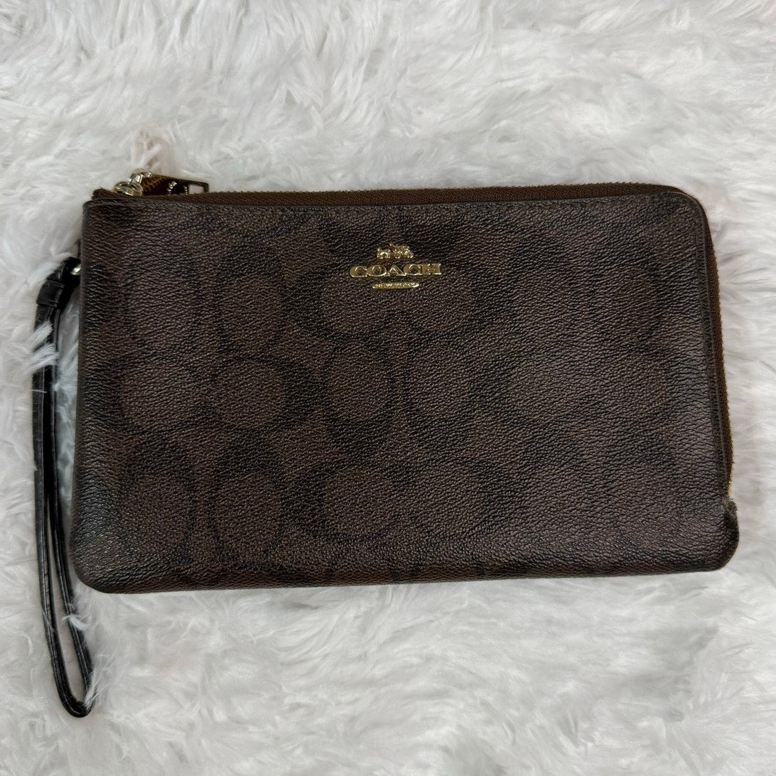 COACH Brown Signature Coated Canvas Double Zipper Wristlet