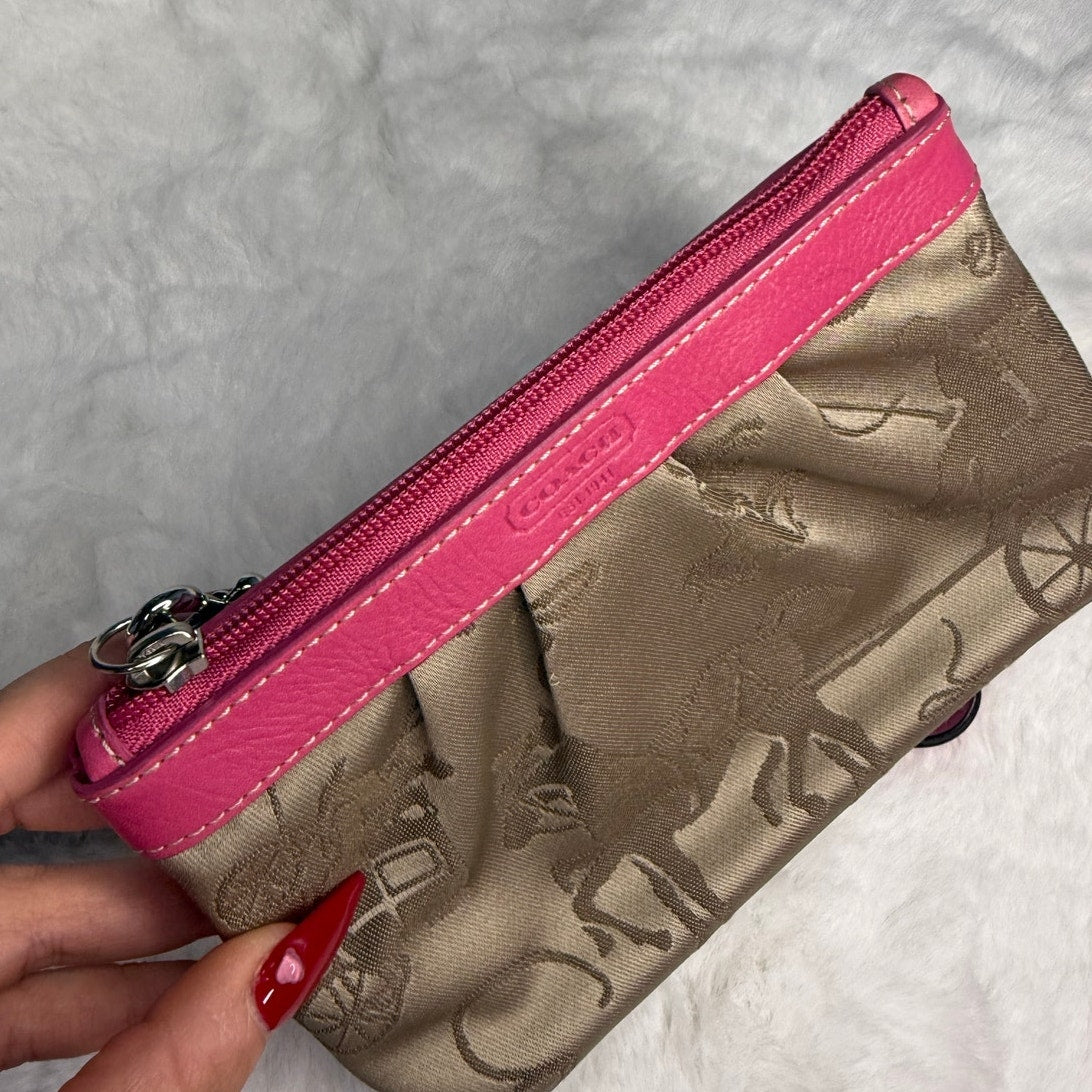 COACH Pink Brown Signature Carriage Canvas Wristlet