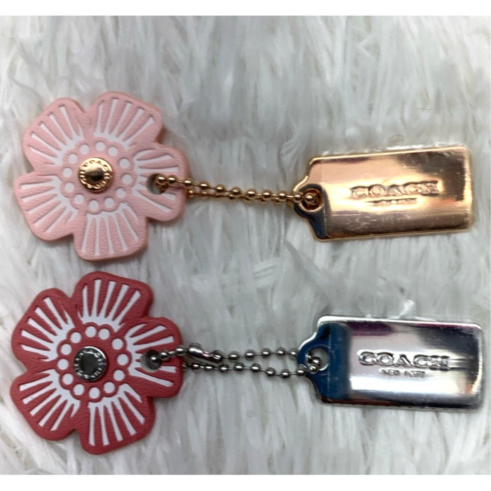 COACH Gold and Silver Tea Rose Flower Floral Bag Charm Hang Tag Bundle