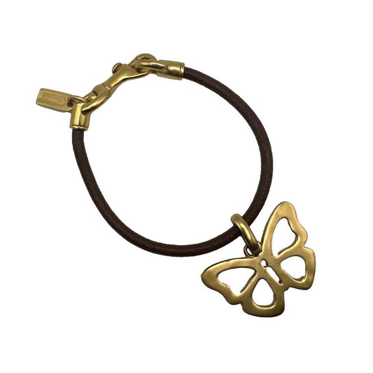 COACH Brown Leather Gold Tone Hook Clip with Butterfly Bracelet