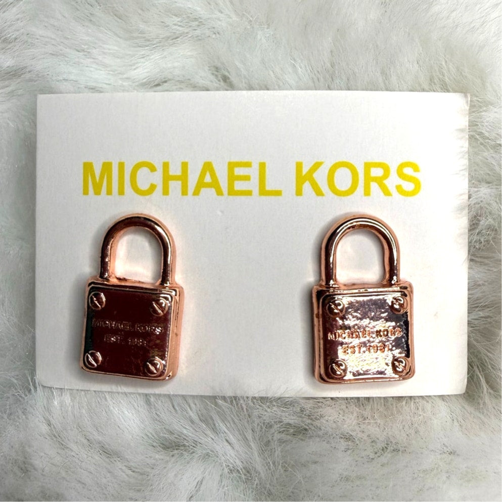MICHAEL KORS Est 1981 Rose Gold-Tone Logo Padlock Stud Earrings