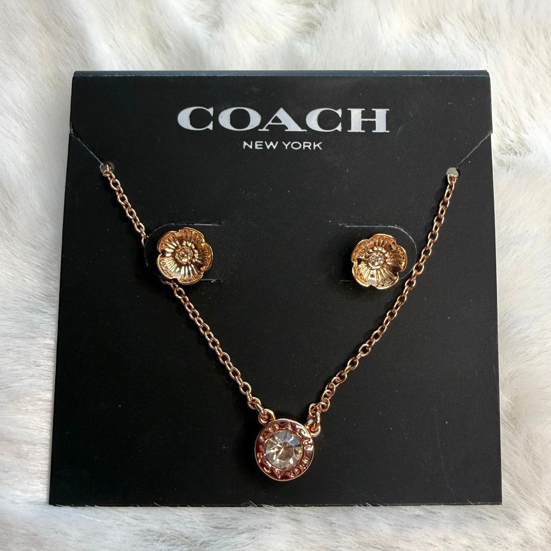 NWT COACH Signature Rose Gold Tone Floral Earrings Studs and Necklace Set