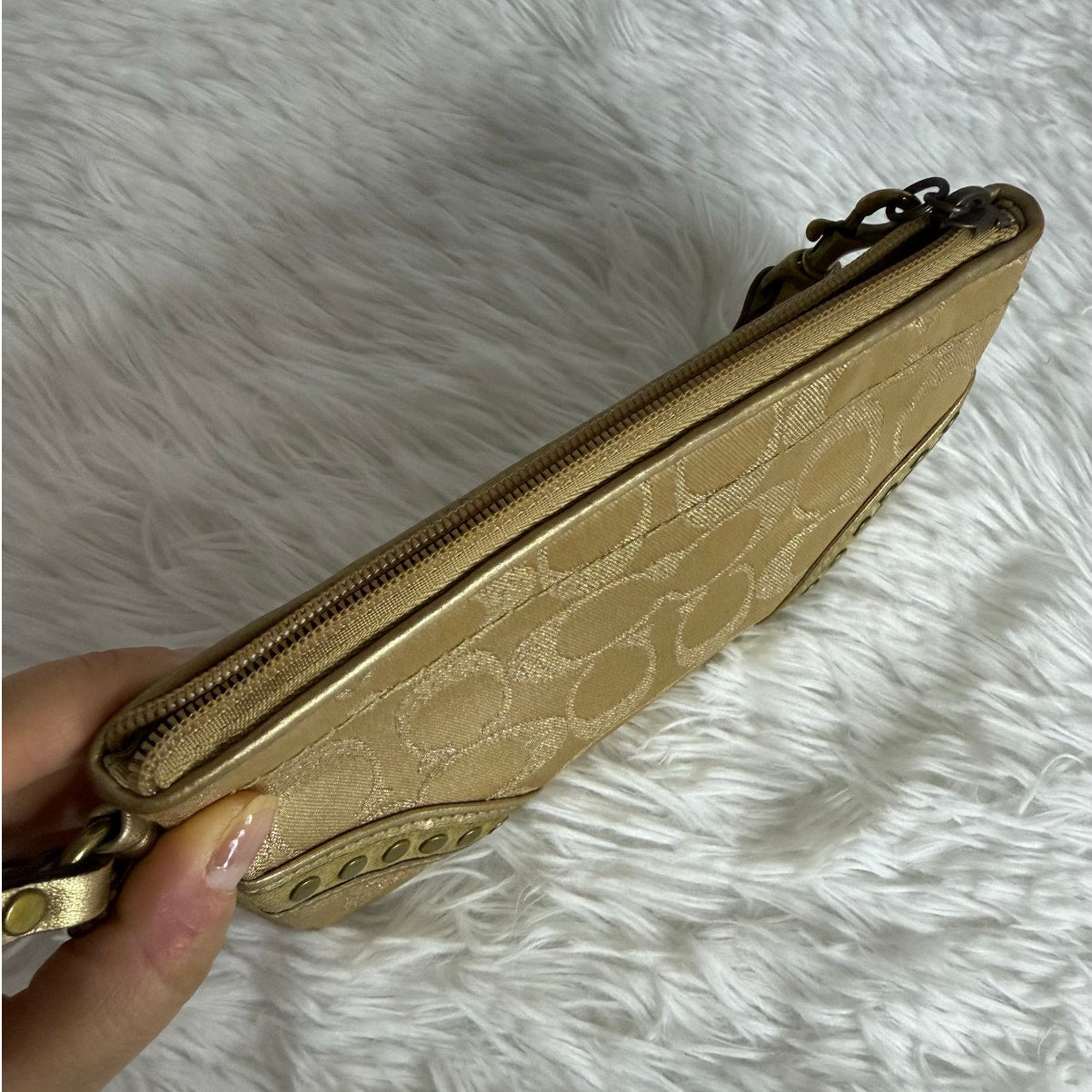 y2k COACH Tan Signature Canvas Suede Stud Wristlet